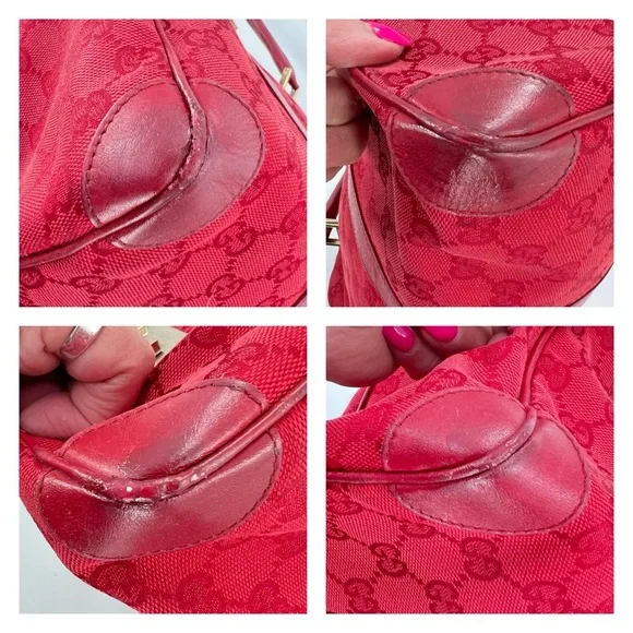 GUCCI GG Canvas Boston Bag, Red Jacquard Fabric, Red Leather Trim, Authentic